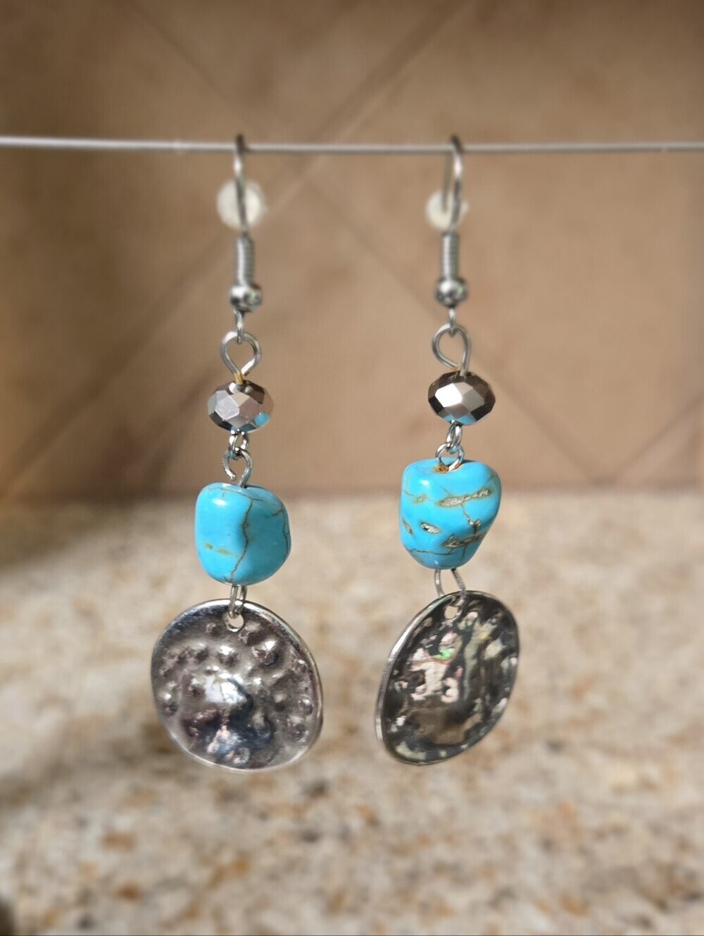Vintage Turquoise and Silver Disc Drop Earrings - Blue